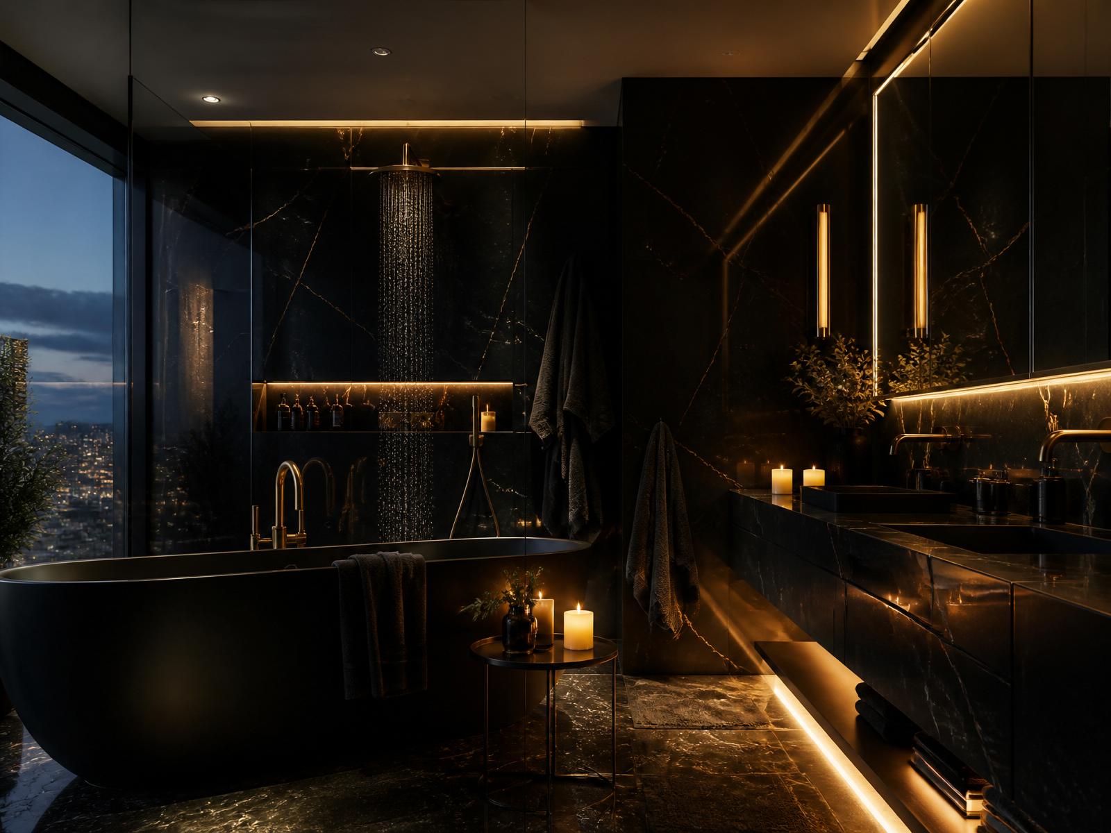 Luxuriöses Bad in Schwarz und Gold mit freistehender Wanne und Marmor